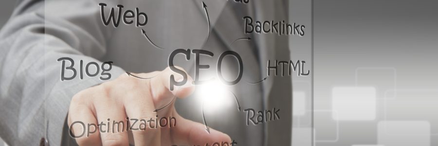 business man hand point on SEO diagram screen
